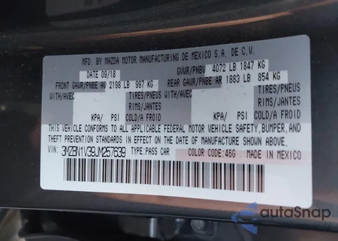 2018 Mazda Mazda3 Touring из США, поврежденный, VIN 3MZBN1V39JM257639